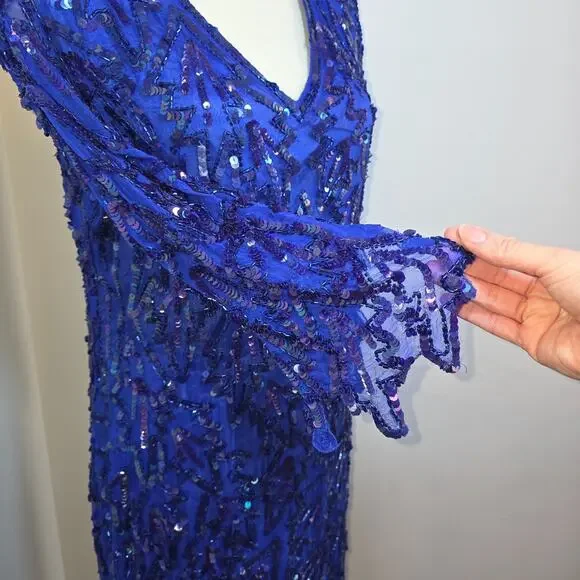Vintage Beaded Silk Dress Sequin V Neck Royal Blue Midi Large Party Evening